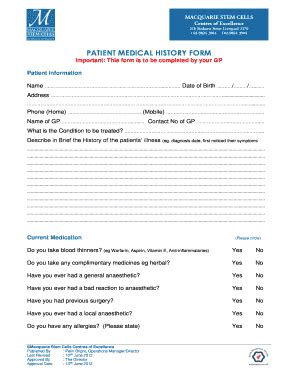 Fillable Online PATIENT MEDICAL HISTORY FORM Macquariestemcells