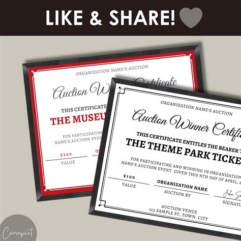 editable silent auction winner certificate template auction item