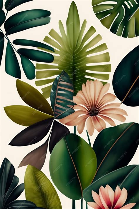 Premium AI Image | A wallpaper with a tropical leaves and a green leaf.