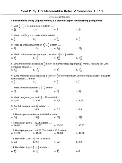 Soal Pts Matematika Kelas 5 Semester 1 Soal Bilangan Bulat Mtk Pecahan Uas Matematika Garis