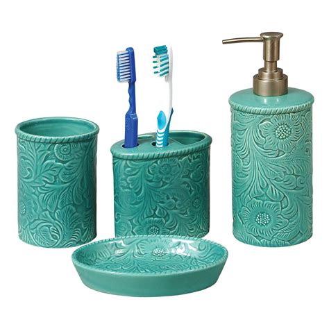 Turquoise Tooled Ceramic Bath Set 4 Pcs Turquoise Bathroom Accessories Turquoise Bathroom