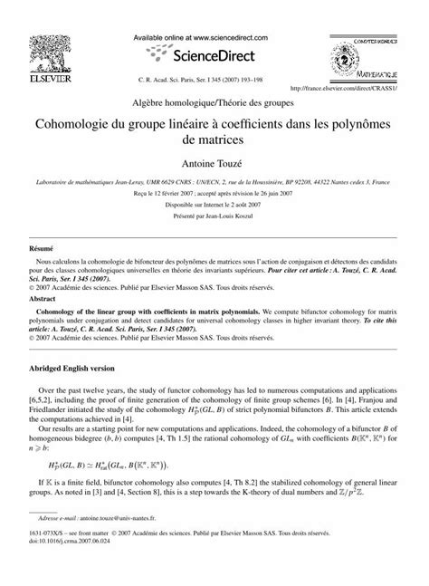 PDF Cohomologie du groupe linéaire à coefficients dans les polynômes