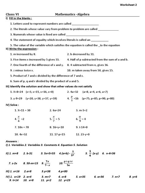 Cbse Class 6 Algebra Worksheet Pdf Variable Mathematics Equations