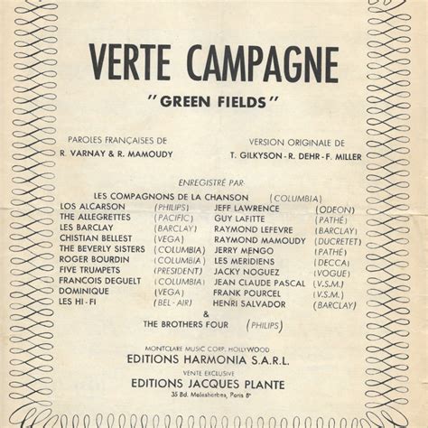 Partition Verte campagne Les Compagnons de la Chanson année 1956