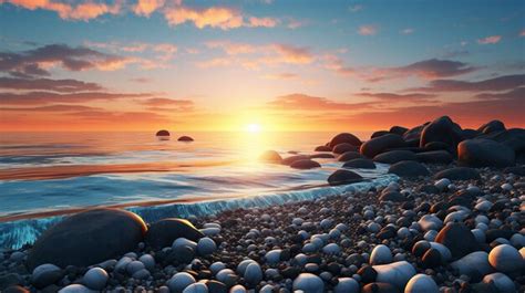 Premium AI Image | A Sunset View of a Pebble Beach with the Ocean