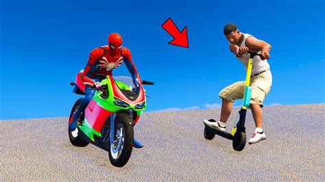 Spiderman Motorcycle And Franklin Scooter Ramp Race Challenge GTA 5