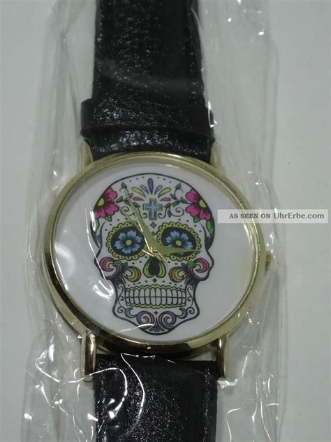 Damen Skull Retro Muster Totenkopf Uhr Armbanduhr Armband Kunst Leder