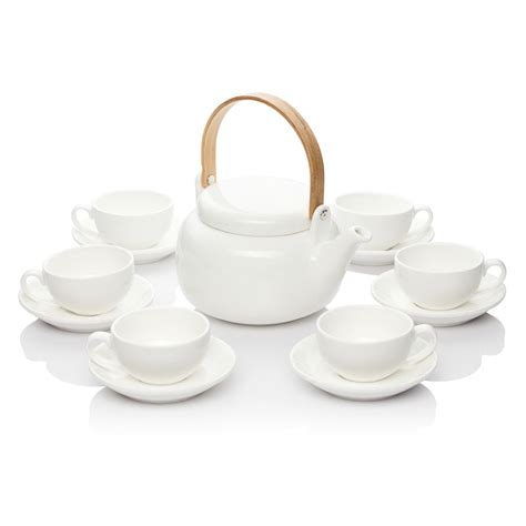 Buy White Teapot Set with Bamboo Handle - Uphaar Tea