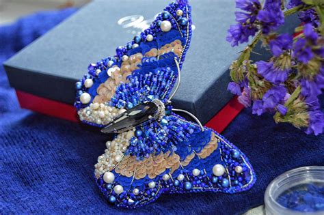 Embroidery Blue Butterfly Brooch Beaded Boho Insect Art Etsy Blue