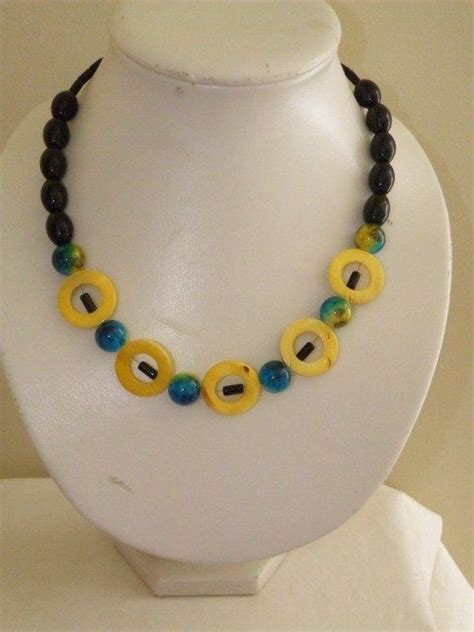 Handmade Blue Yellow And Black Necklace Handmade Beaded Jewelry