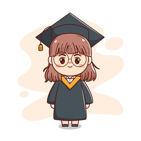 Happy Graduation Short Hair Girl With Cap Gown And Glasses Cute Kawaii Chibi Cartoon Character