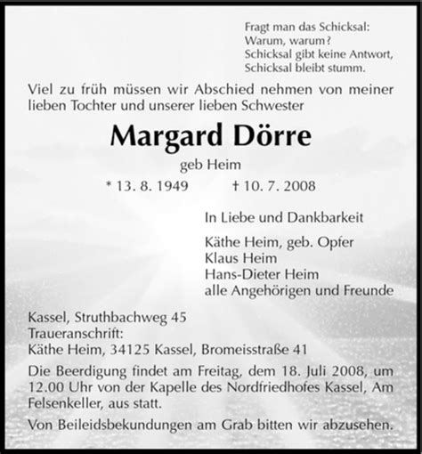 Traueranzeigen von Margard Dörre Trauer HNA de