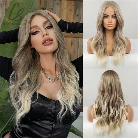 CharmSource Synthetic Front Lace Wig Long Wavy Wigs Ombre Blonde Daily