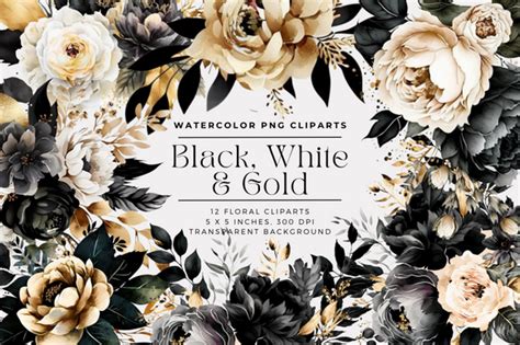 Black White And Gold Flowers Watercolor Graphic By Cecily Arts