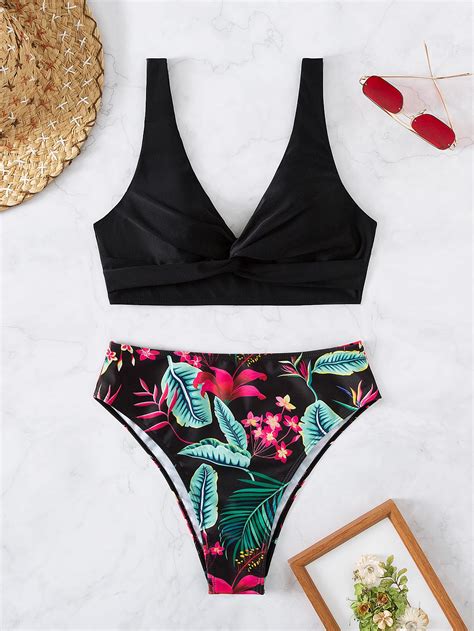 SHEIN Swim Vcay Bañador bikini al azar con estampado tropical girante