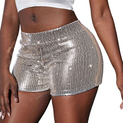 Women Sequin Shimmer Sexy Rave Booty Metallic Shorts Elastic Waist Glitter Hot Shorts Party