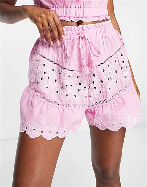 River Island Cutwork Lace Tiered Beach Co Ord Shorts In Pink Asos