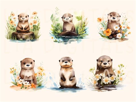 Otter Watercolor Clipart Cute Baby Shower Graphics Nursery Decor Wall