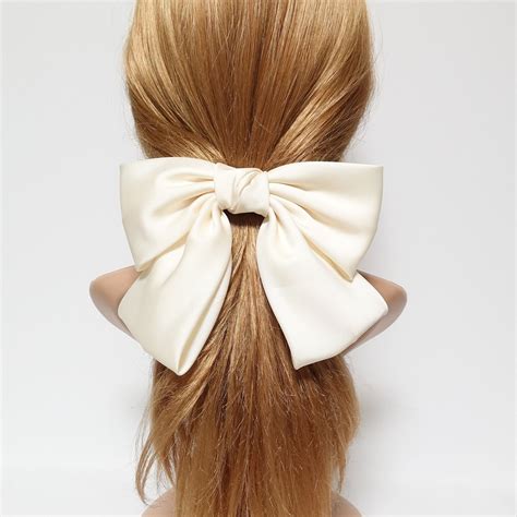 Cream Silk Satin Big K Bow Barrette Glossy Satin Women Hair Accessory For Women