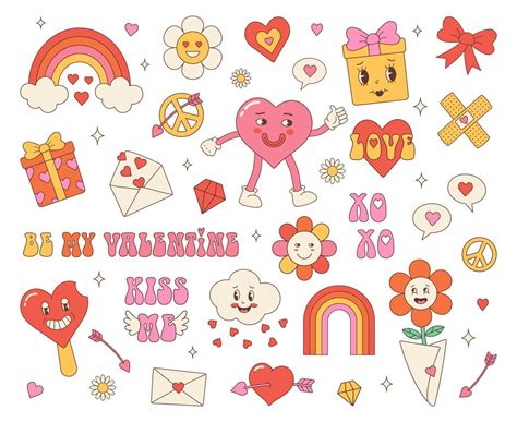 Groovy Hippie Love Stickers Retro Happy Valentines Day Comic Happy