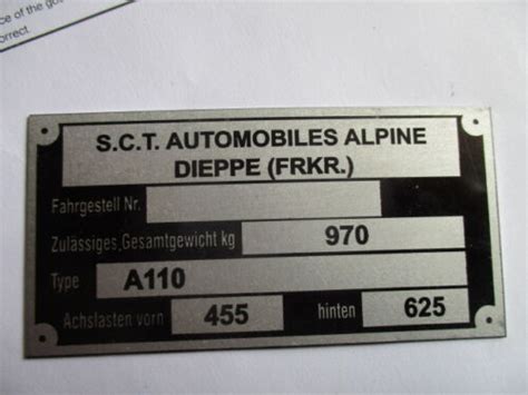 Panneau Type Renault Alpine Bouclier Id Plaque A110 A 110 S41 S60 EBay