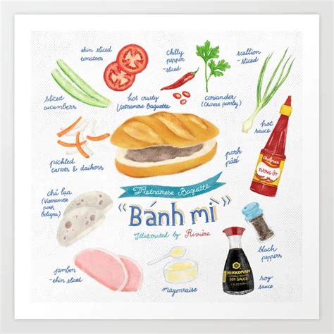 Bánh Mì Vietnamese Baguette Art Print Banh Mi Recipe Drawing Food Illustrations