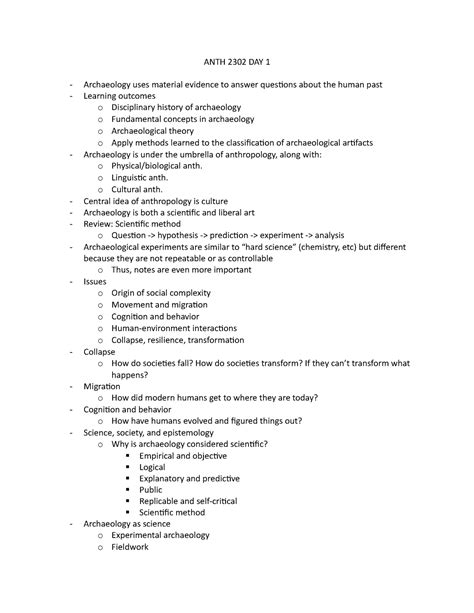 Anth Day First Day Of Lecture Notes For Intro To Archaeology