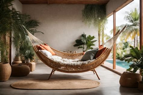 Premium Photo A Secluded Corner With A Rattan Hammock Suspended