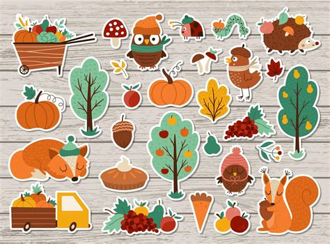 Vector Autumn Stickers Set Fall Patches Collection With Cute Forest