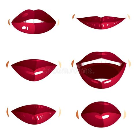 Collection Of Vector Red Female Lips With Makeup Different Emotions Of