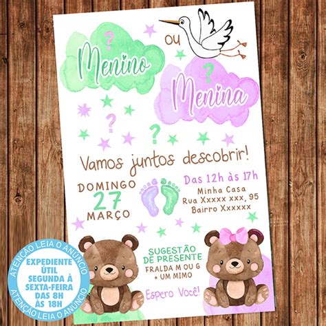 Convite Chá Revelação Ursinhos Urso Lilás E Verde Digital Elo7