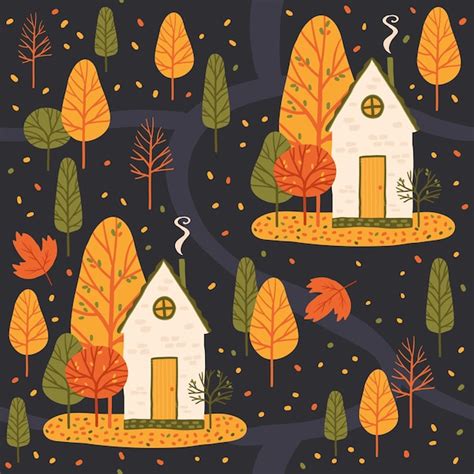 Premium Vector Houses In The Autumn Forest Fairytale Leaf Fall Doodle