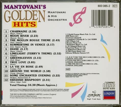 Mantovani His Orchestra Cd Mantovani S Golden Hits Cd Bear