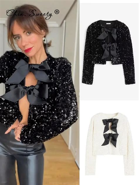 Tie Front Bow Sequin Jacket For Women Chic Vacation Sparkling Coat Female Long Sleeves Sexy