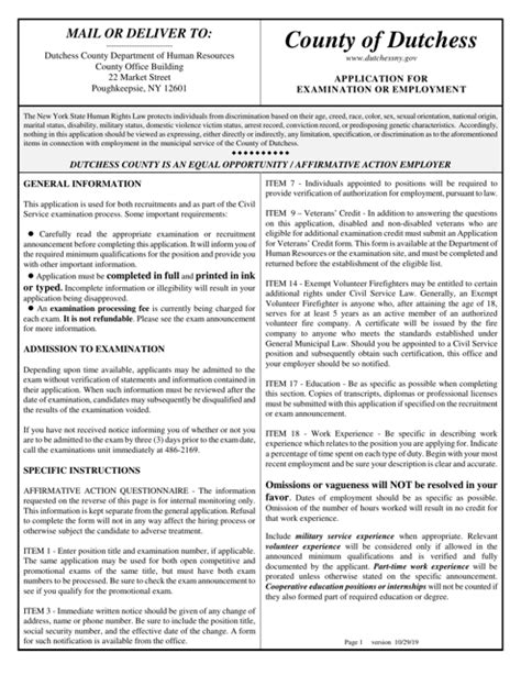 Dutchess County New York Application For Examination Or Employment