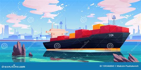 Cargo Ship In Sea Port Dock Industrial Vessel Stock Vector