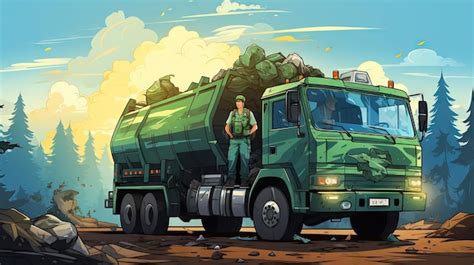 Premium AI Image | Cartoon illustration of a man standing in front of a garbage truck