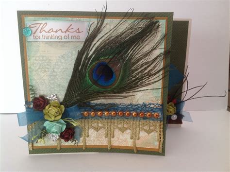 Using Peacock Feather Card With Ribbon Pearls And Paper Flowers