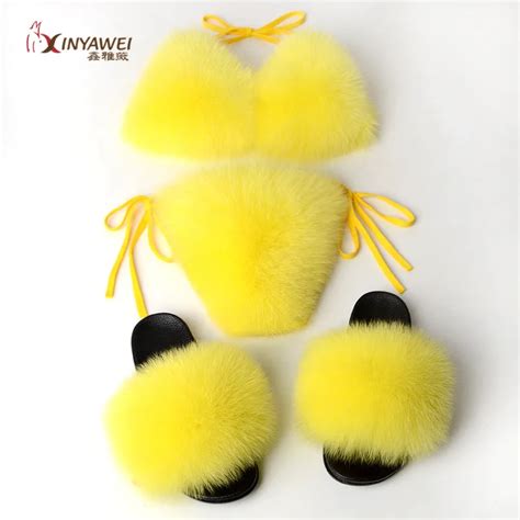 Custom Women Luxury Fashion Real Fox Fur Bikini And Fur Slippers Slide