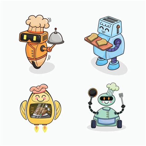 Chef robot cartoon hand drawn character set collection design ...