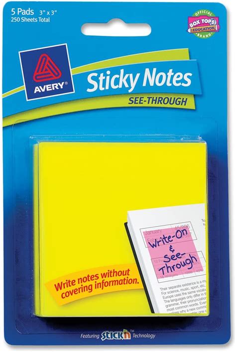 Avery Sticky Notes See Through 3 X 3 Inches Yellow 250 Sheets