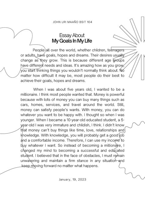 My Goals In Life essay JOHN URI MAAÑO BSIT 104 January 19 2023