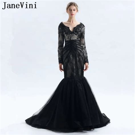 Janevini Robe De Soir E Noire En Dentelle Manches Longues Col En V