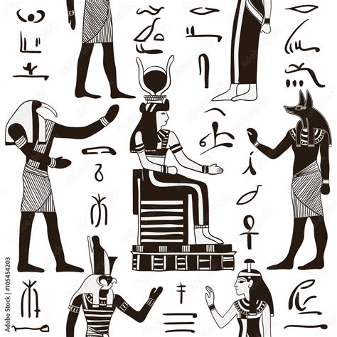 Seamless Pattern With Egyptian Gods And Ancient Egyptian Hieroglyphs