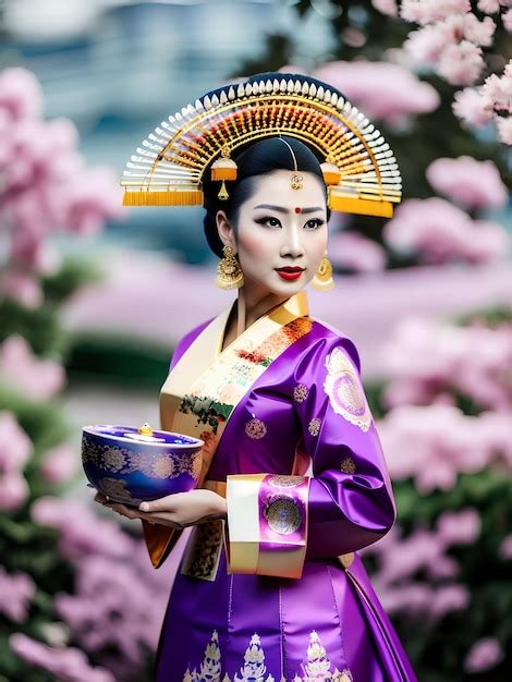 Emperatriz mujer asiática posa con vestido tradicional local arte