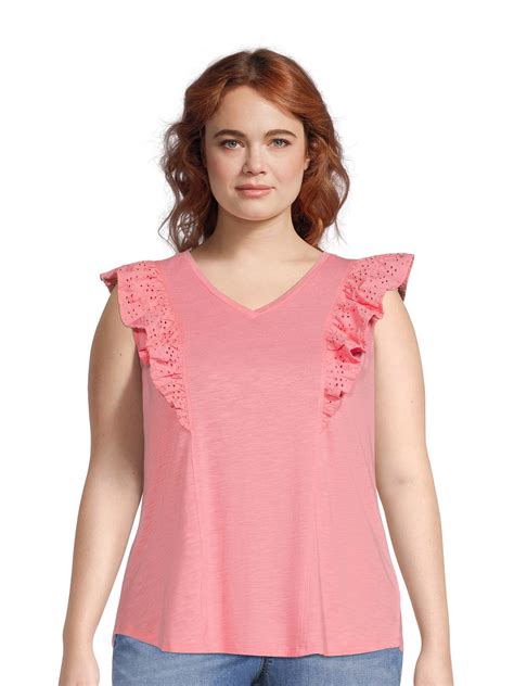 Terra And Sky Womens Plus Size Ruffled V Neck Top