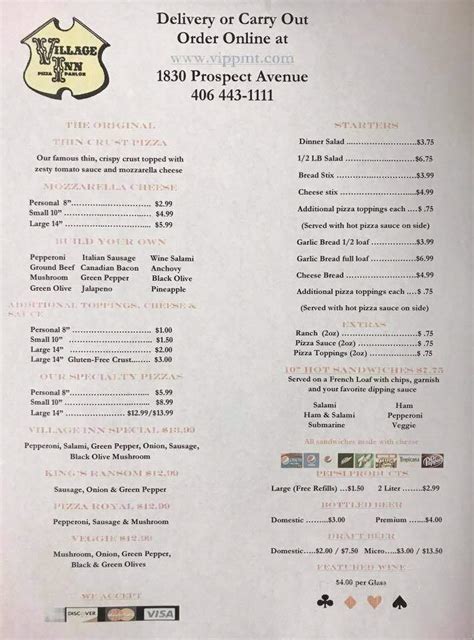 Menu Of Village Inn Pizza Parlor In Helena Mt 59601