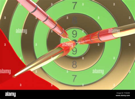 Three Red Darts Hitting The Bullseye 3d Illustration Stock Photo Alamy