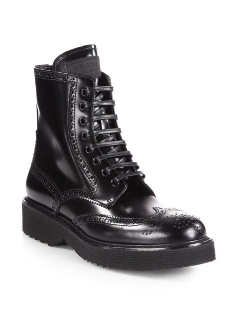 Prada Leather Wingtip Laceup Ankle Boots In Black Lyst