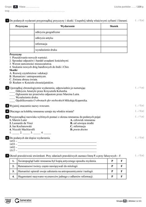 3 Renesans Test Z Widoczna Punktacja Grupa A Strona 1 Z 11 Grupa A